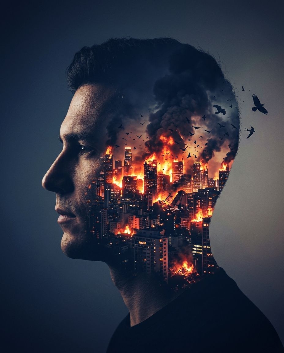 Surreal cinematic double exposure portrait of a man in strict side profile (left-facing), strong jaw