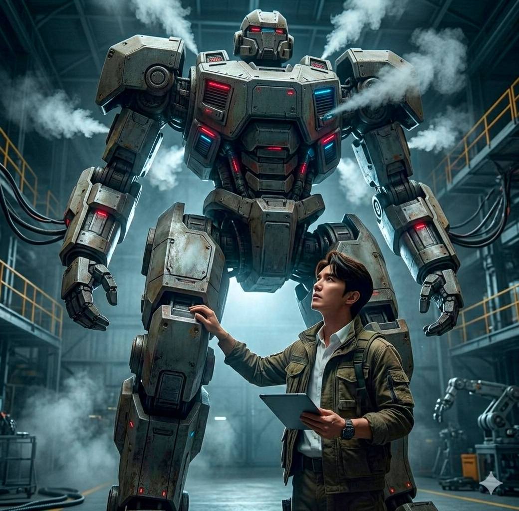 Ultra-realistic cinematic scene.
Dark hangar interior. The engineer (use uploaded photo, do not alt