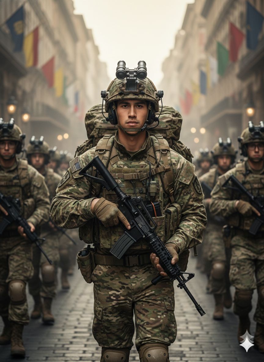Ultra-realistic cinematic military scene of a modern infantry soldier marching straight into the cam