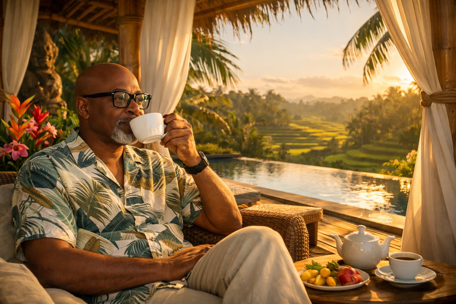A serene Bali retreat environment, lush tropical greenery, open-air bamboo pavilion with flowing whi
