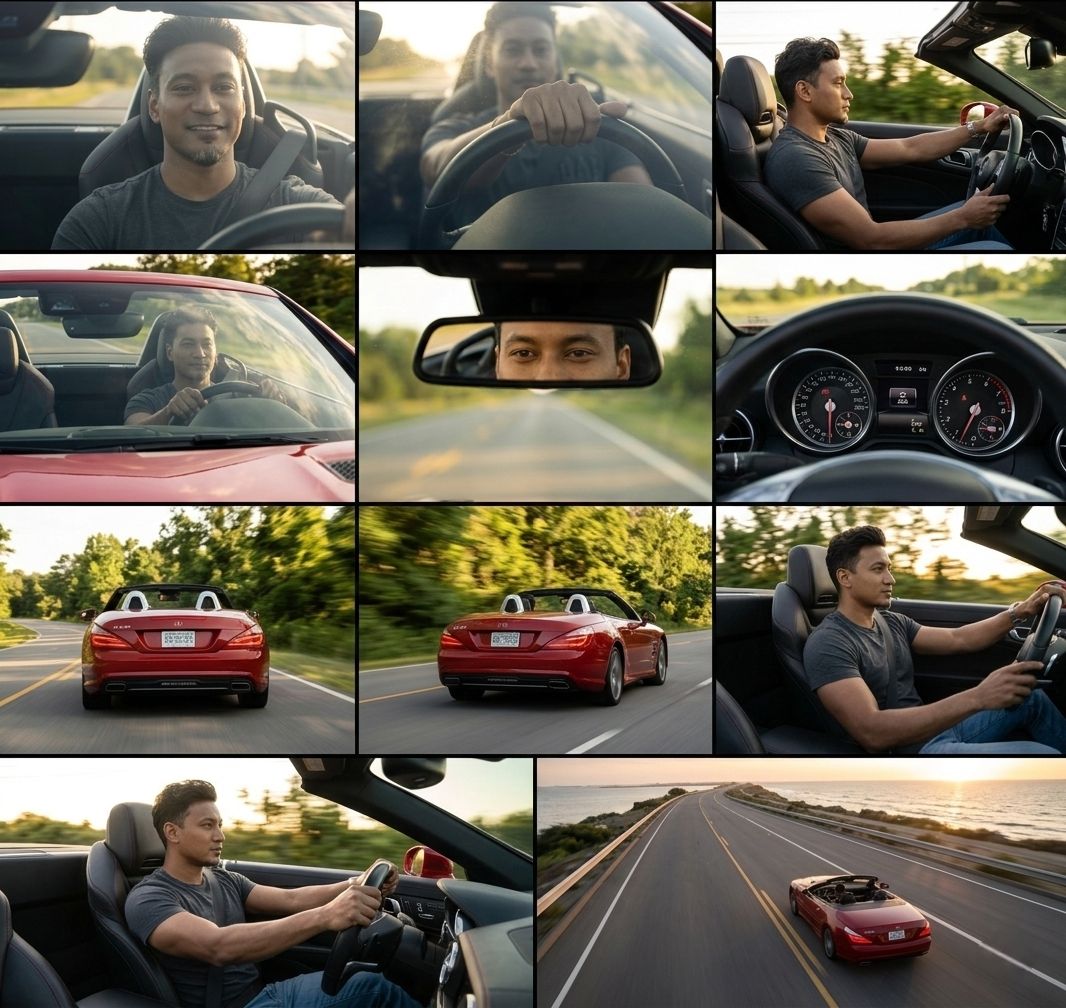 Generate 9 cinematic variations of the same driving scene featuring a man behind the wheel of a red 