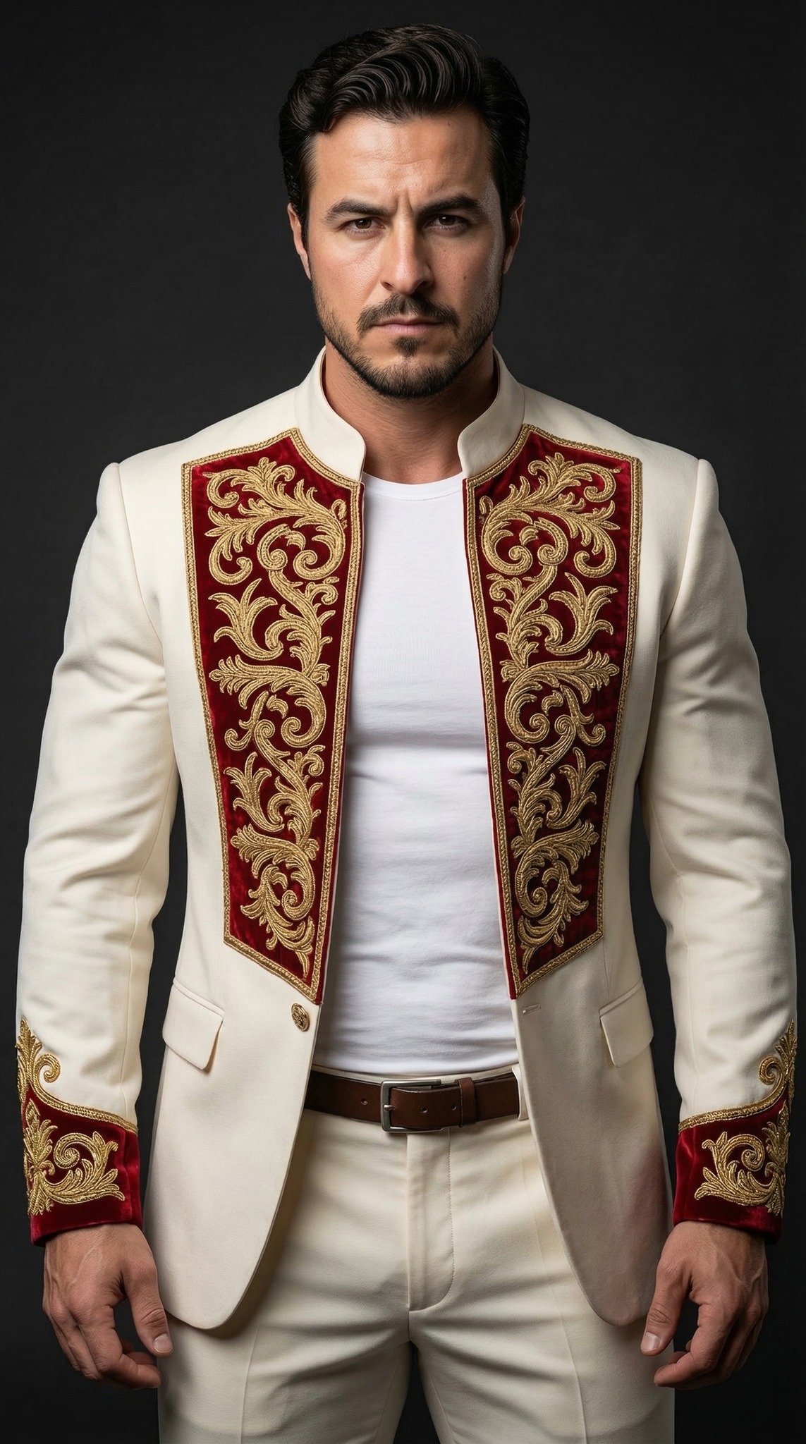 [Copy] High-fashion studio portrait of a handsome man with a groomed beard and styled dark hair, loo