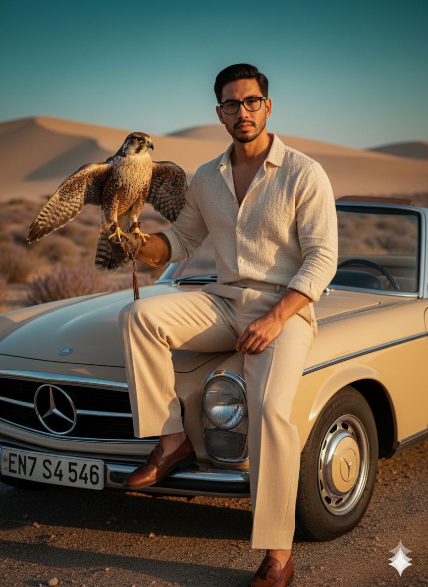 Create an ultra-realistic 8K cinematic editorial portrait of a man seated confidently on the hood of