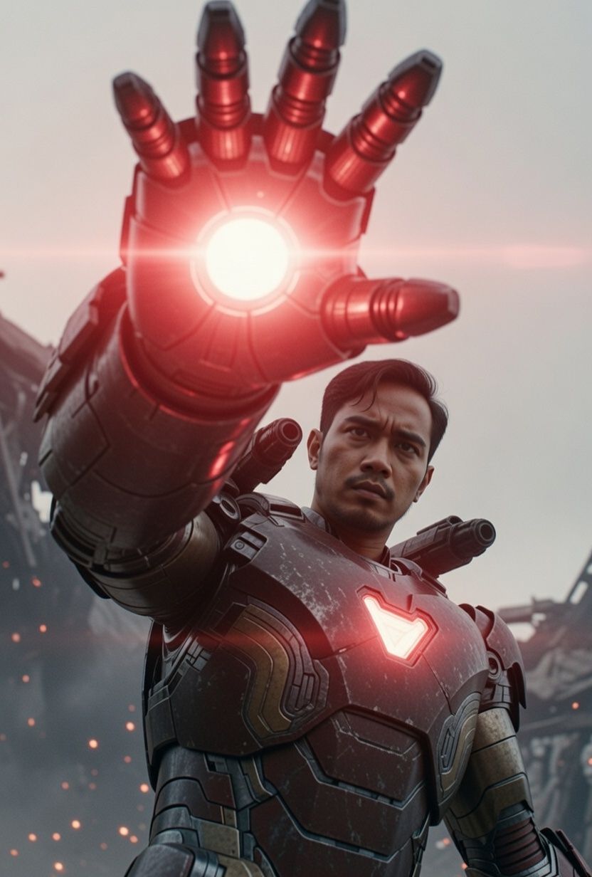 Cinematic film still, gritty climactic battle aesthetic from Avengers: Endgame. Extreme low-angle wo
