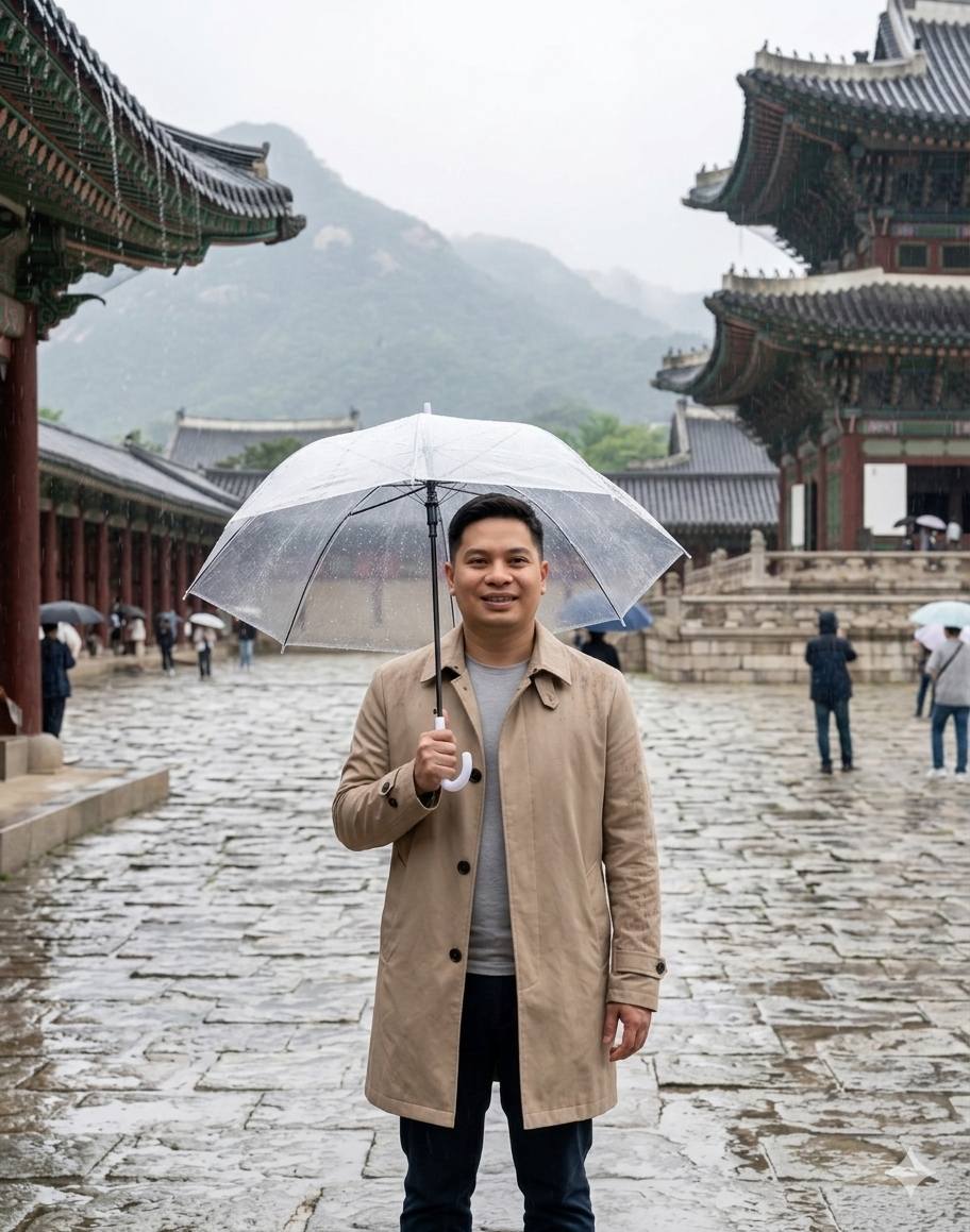 Tourist man holding a clear umbrella and wearing a modern trench coat standing inside the palace cou
