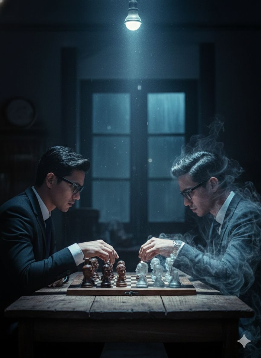 Ultra realistic cinematic scene of a man sitting at a wooden table playing chess with a ghostly vers