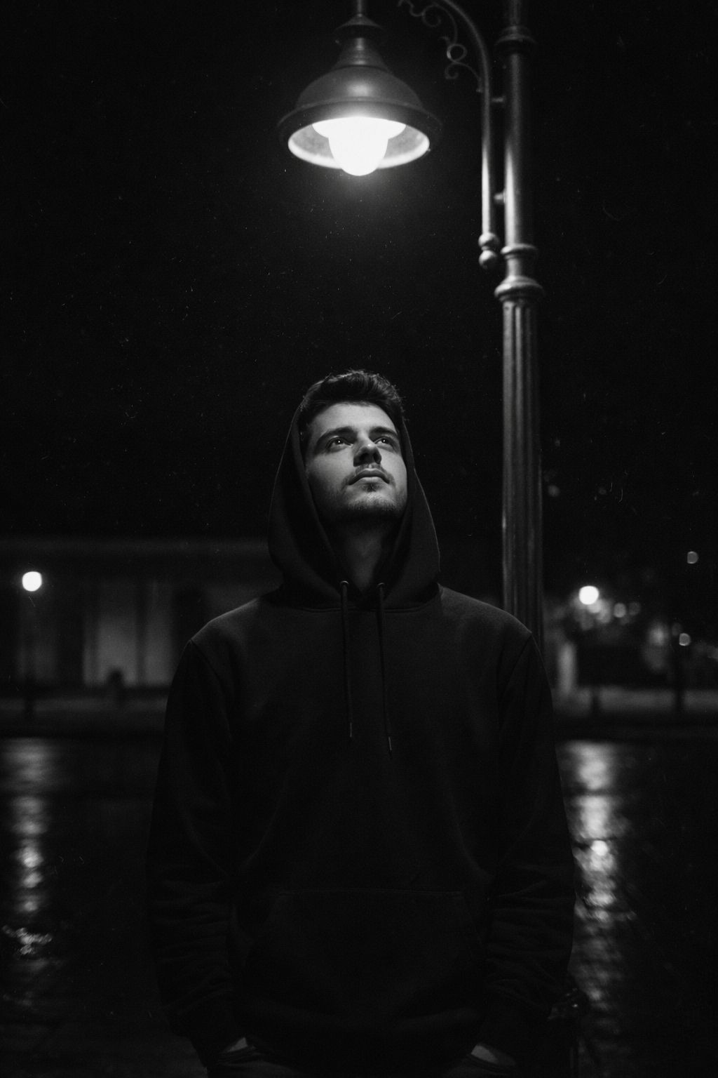 Ultra-realistic cinematic night portrait of a young man standing under a vintage street lamp, mainta