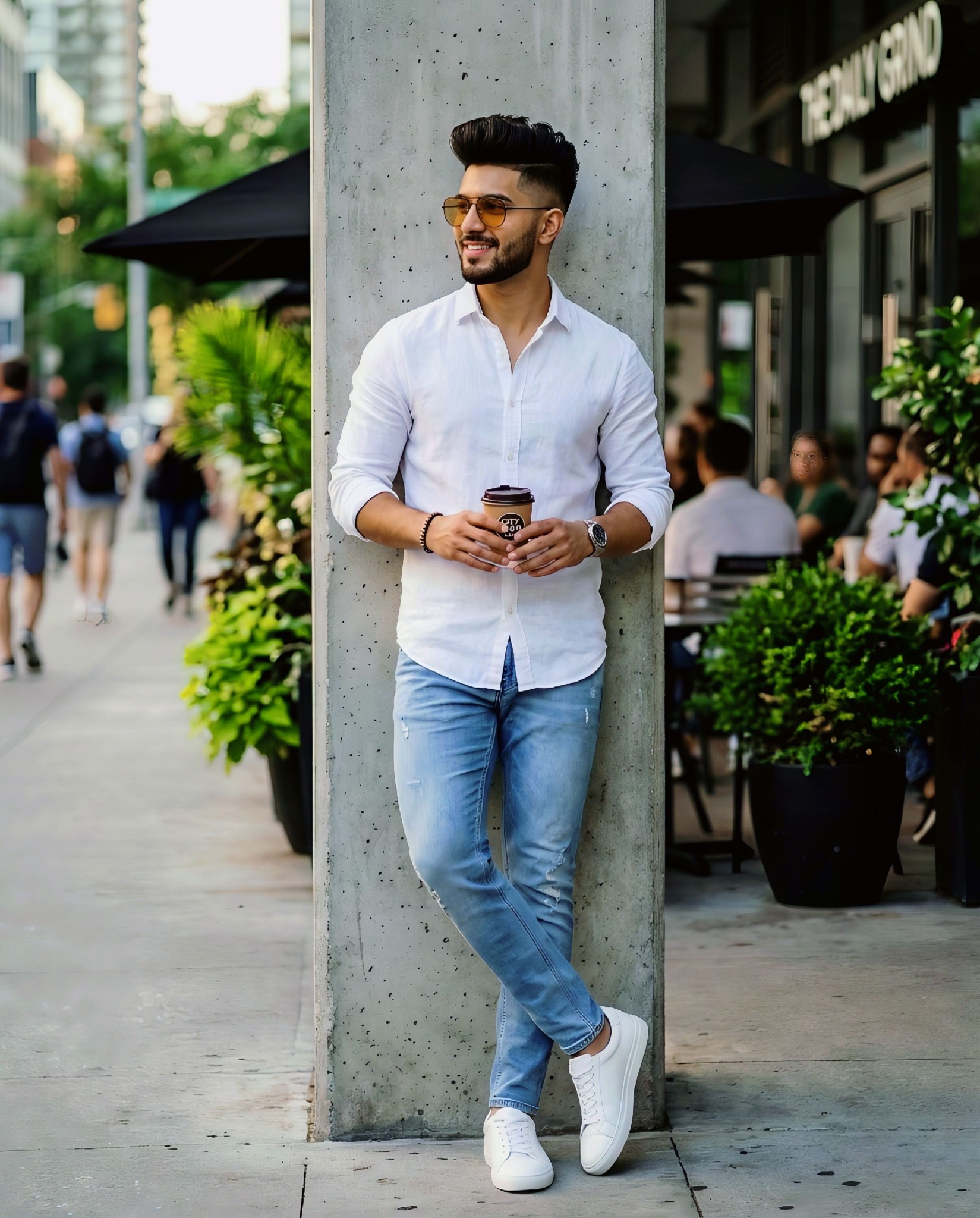 Ultra-realistic full-body portrait of a stylish young man leaning casually against a concrete pillar