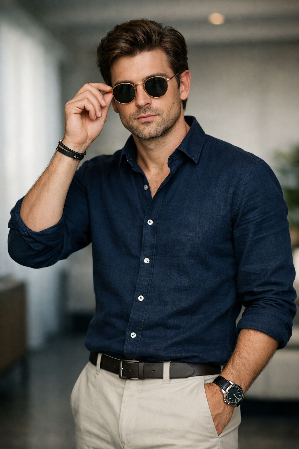 Ultra-realistic 8K cinematic portrait using a 50mm DSLR lens, eye-level medium shot. A stylish young