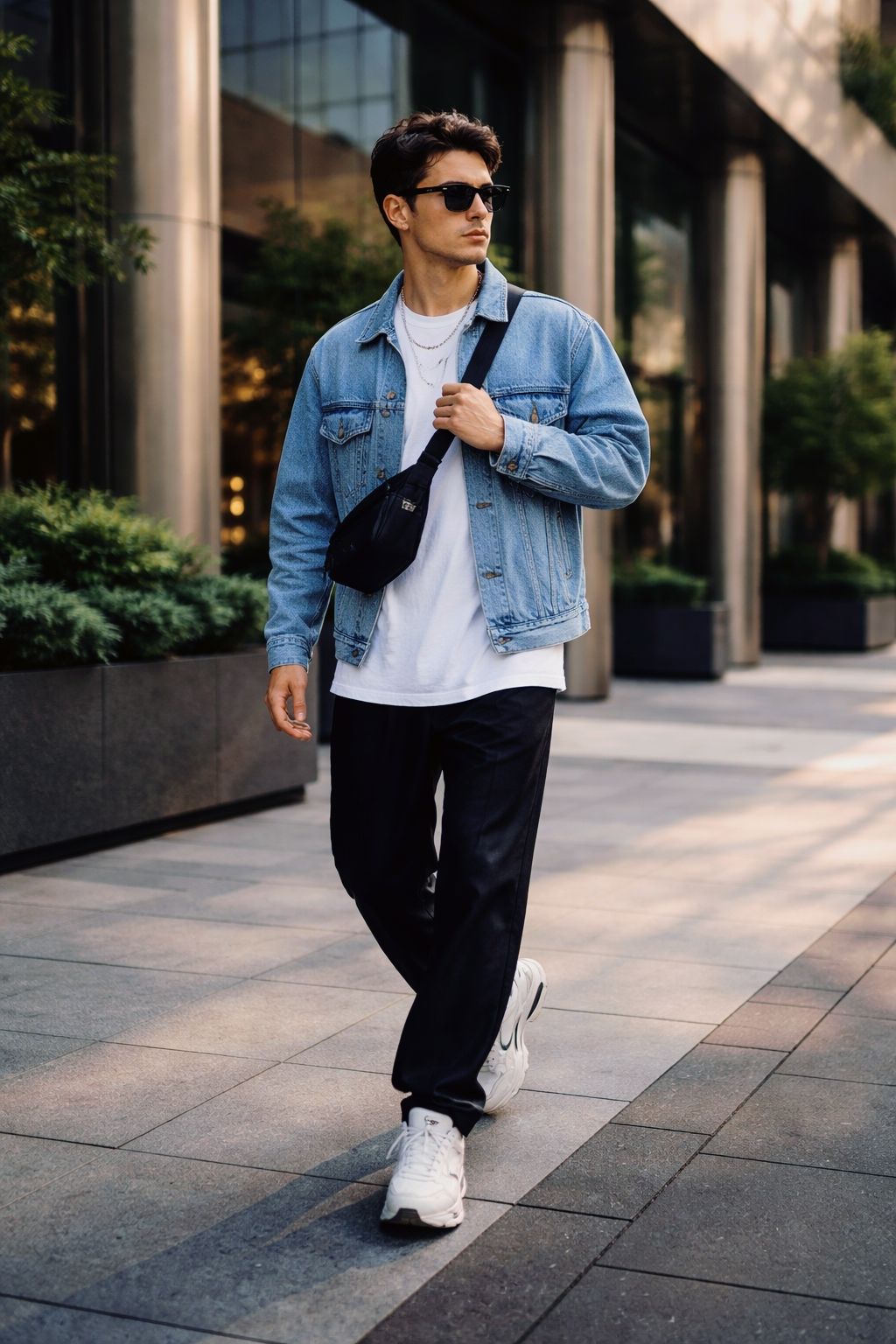 Ultra-realistic cinematic full-body shot of a stylish young man walking confidently on a modern city