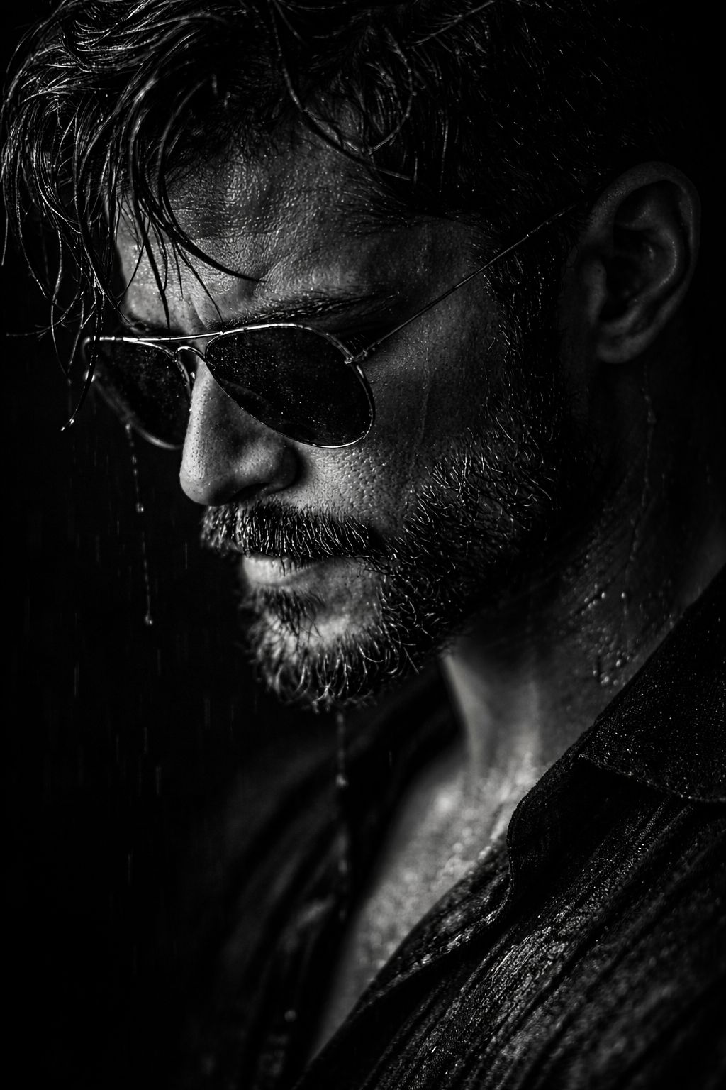 Ultra-realistic cinematic black-and-white portrait of a man in side profile, wearing aviator sunglas