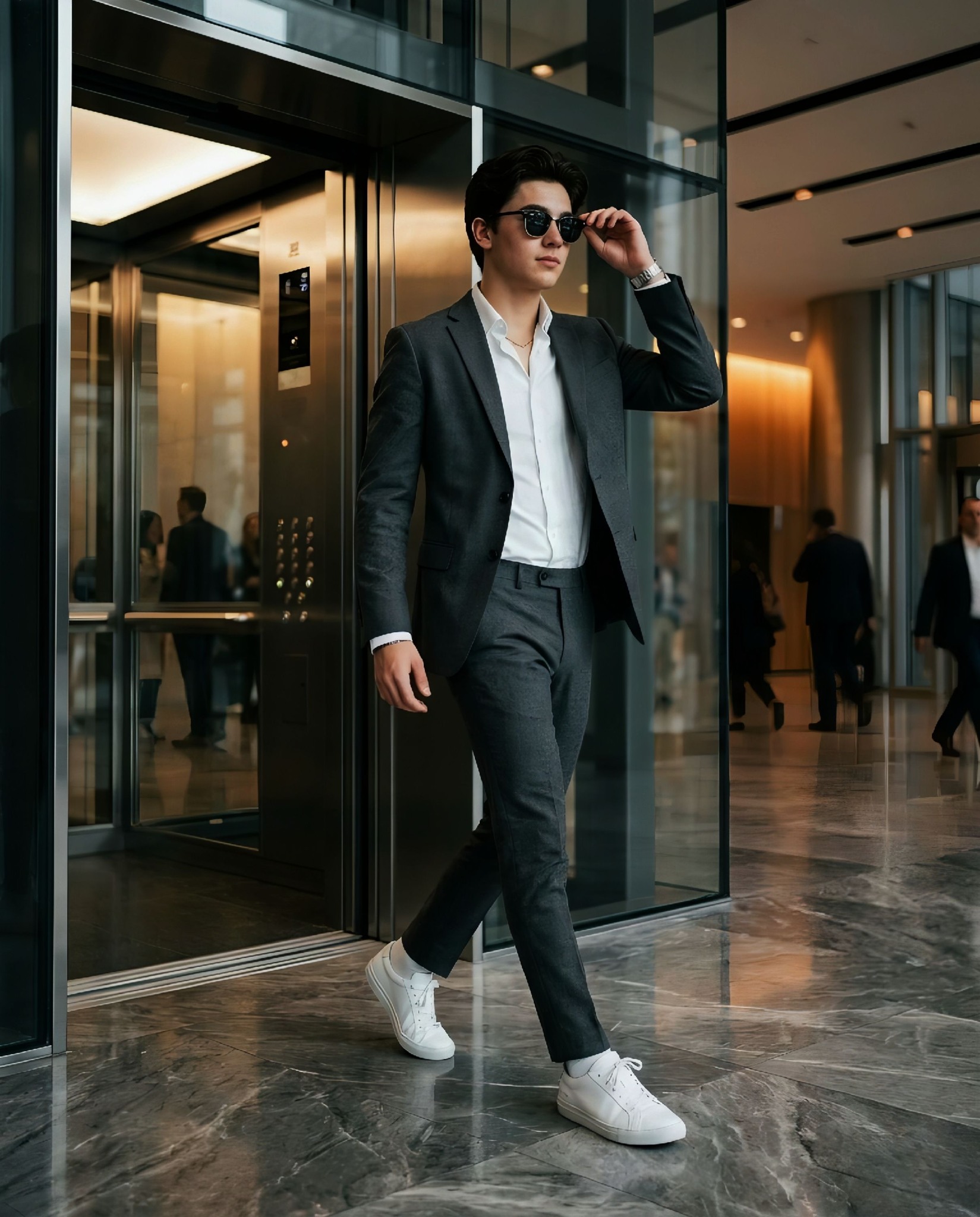 Ultra-realistic full-body shot of a stylish man 17 age walking out of a modern elevator, right leg f