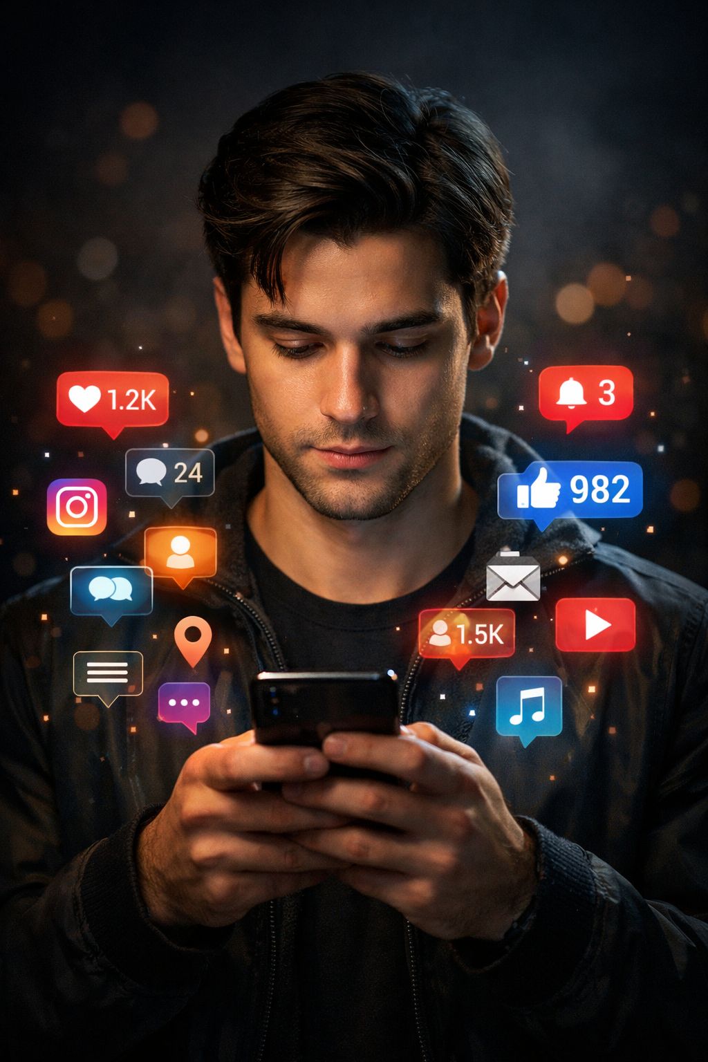 Ultra-realistic cinematic portrait of a young man holding a smartphone with both hands at chest leve