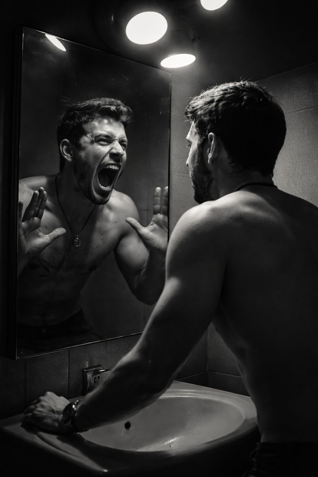 Ultra-realistic cinematic scene of a young man standing shirtless in front of a mirror in a dark bat