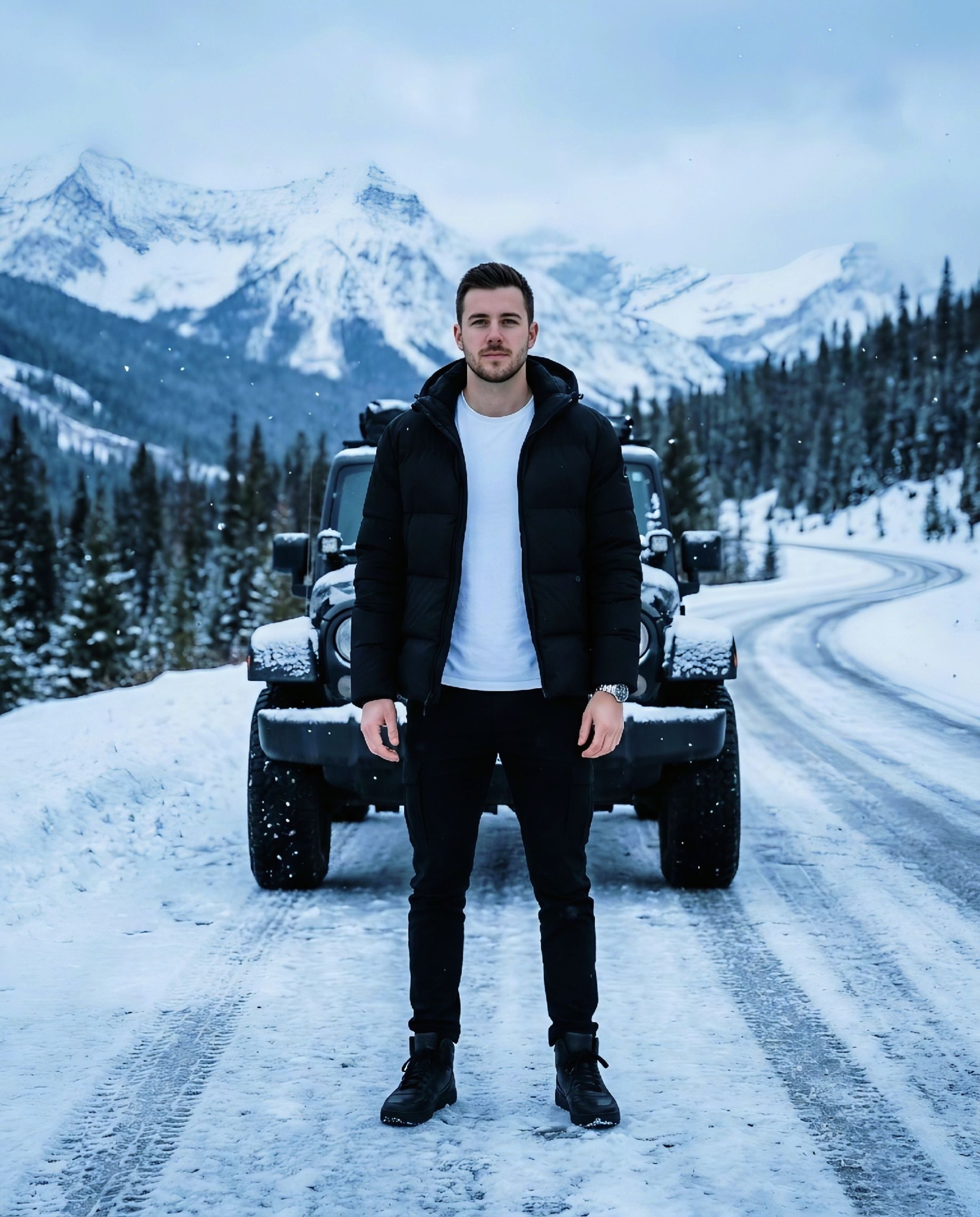 Ultra-realistic full-body portrait of a confident young man standing on a snow-covered mountain road