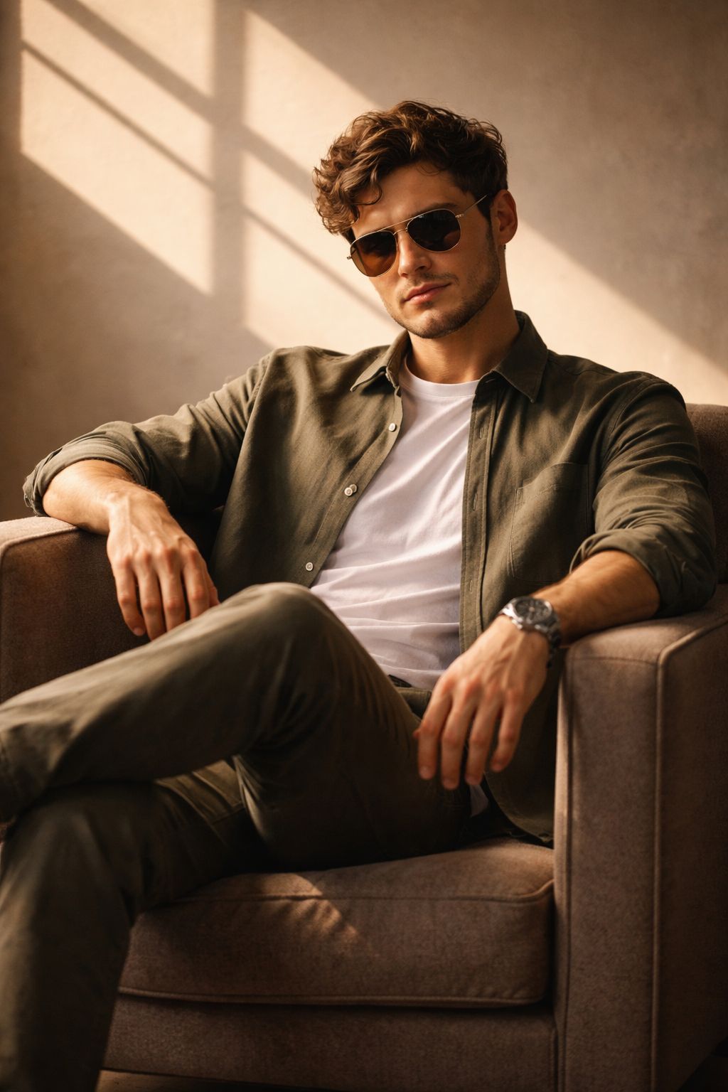 Ultra-realistic cinematic portrait of a young man sitting relaxed on a cushioned armchair, one leg c