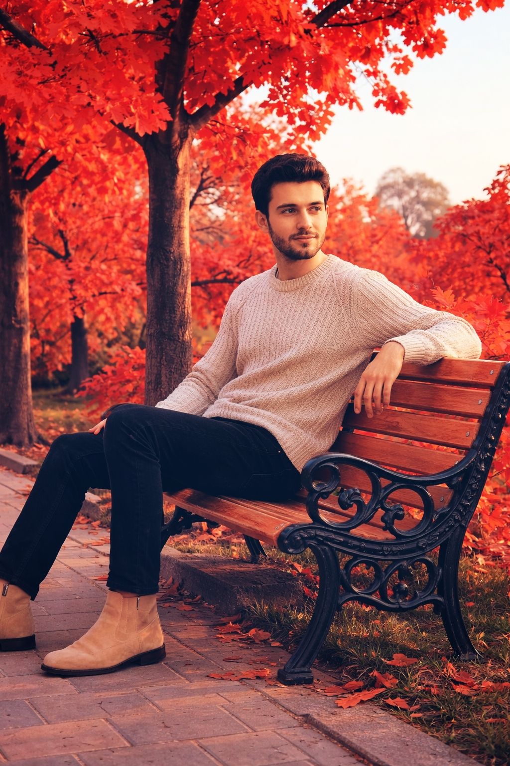 Ultra-realistic cinematic full-body portrait of a young man sitting on a wooden park bench in a vibr