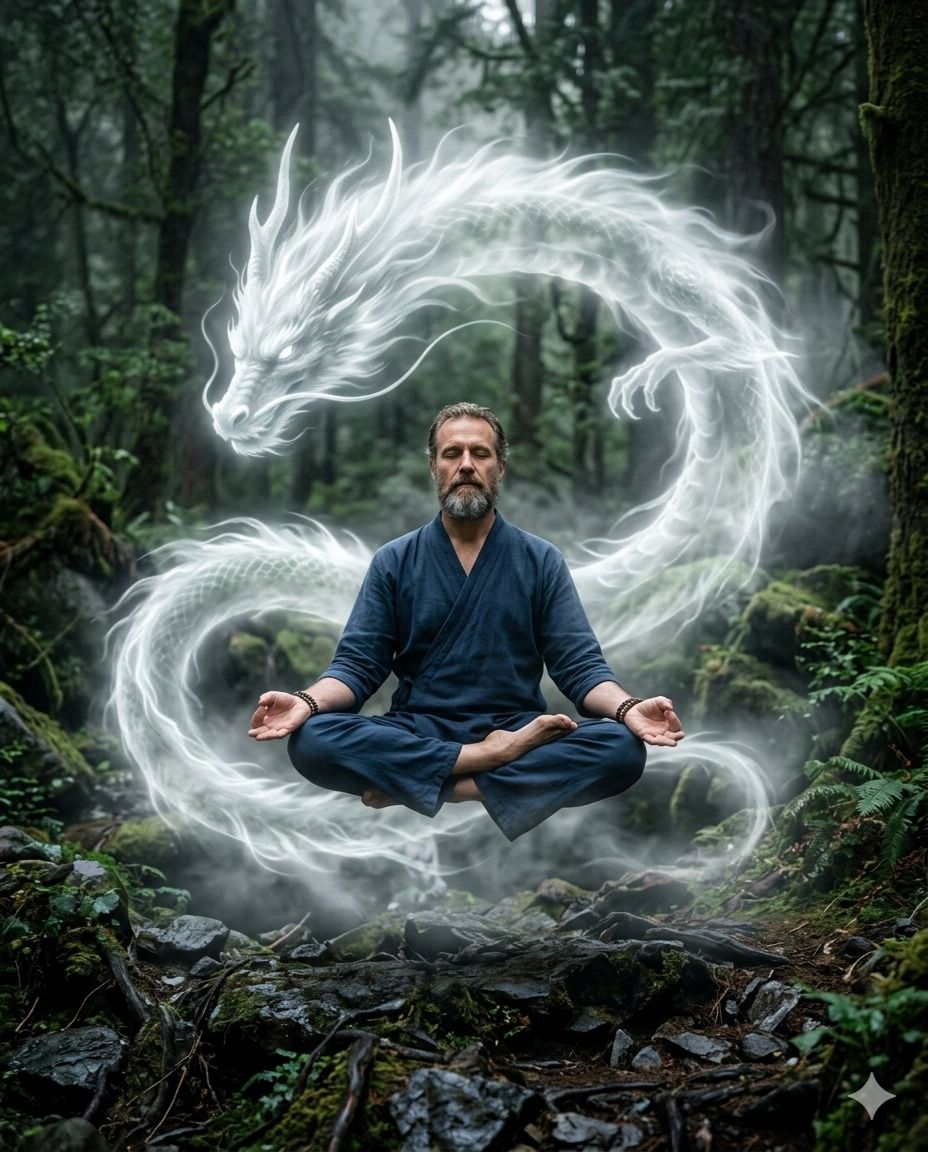Ultra-realistic cinematic scene of a man levitating in a cross-legged meditation pose above rocky gr