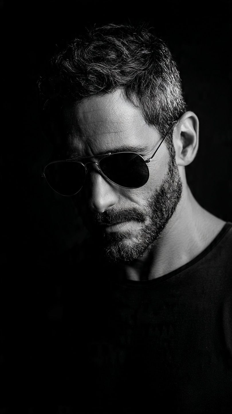 Ultra-realistic black and white portrait of the same man (use reference face, strict facial consiste