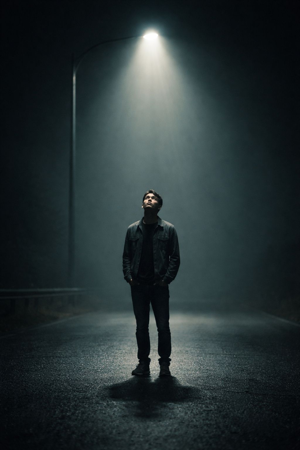 Ultra-realistic cinematic night scene of a lone young man standing under a tall streetlight on a fog