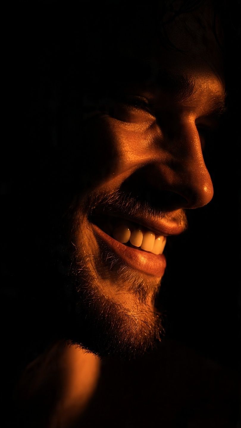 A dramatic, low-key portrait of a man\'s face, with the upper portion almost entirely in deep shadow