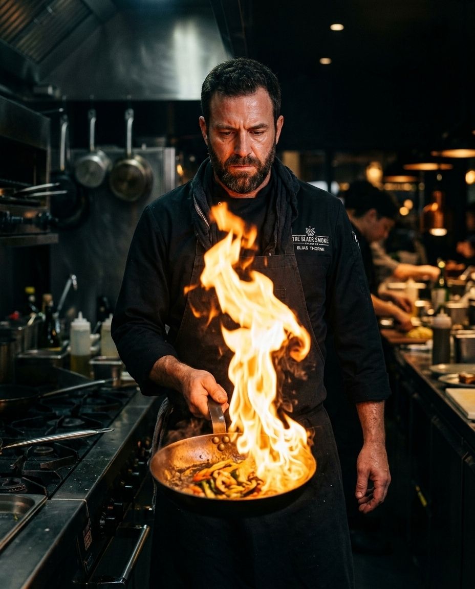 Ultra-realistic cinematic shot of a professional male chef wearing a black chef coat, standing in a 