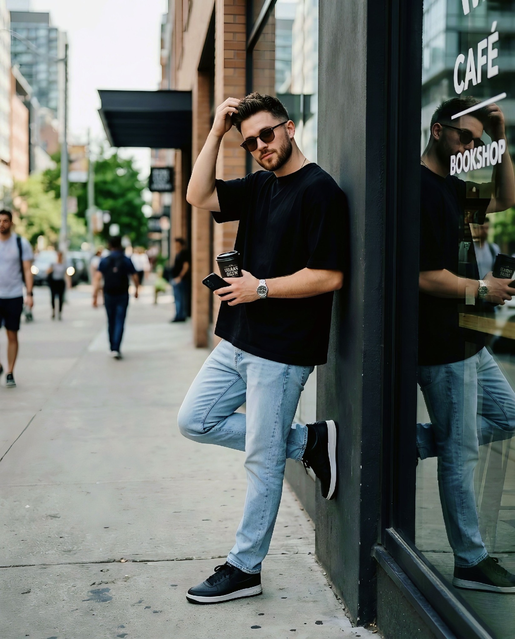 Ultra-realistic cinematic full-body portrait of a young man leaning casually against a modern dark w