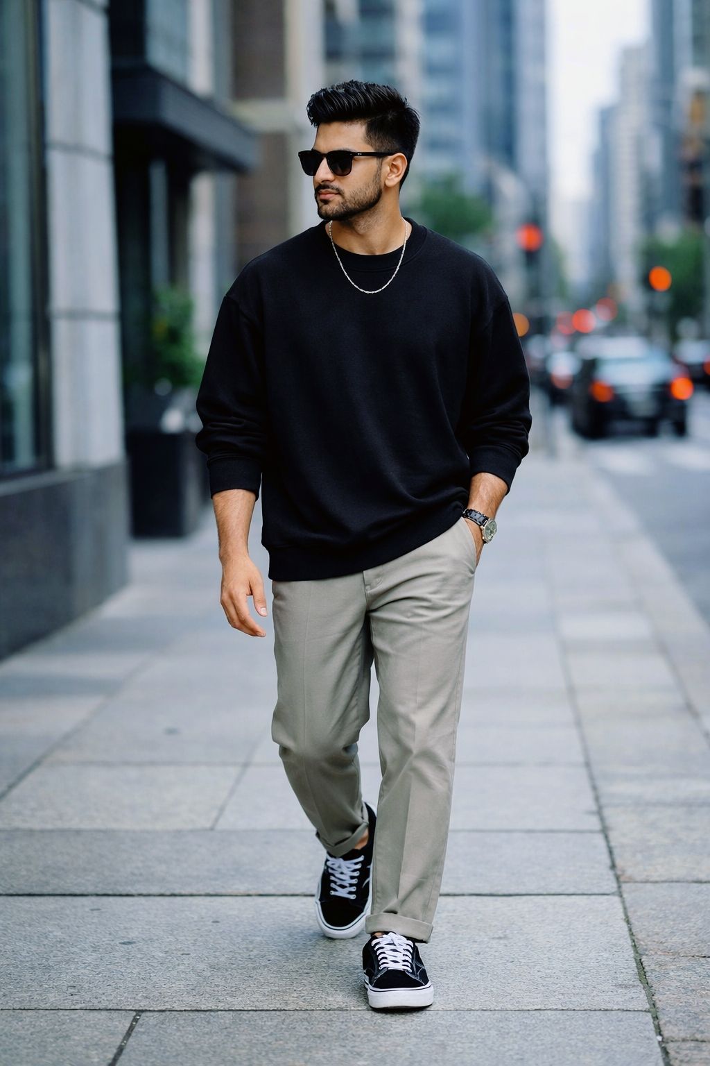 Ultra-realistic cinematic full-body shot of a young man walking confidently on a — Google Gemini AI Image Prompt