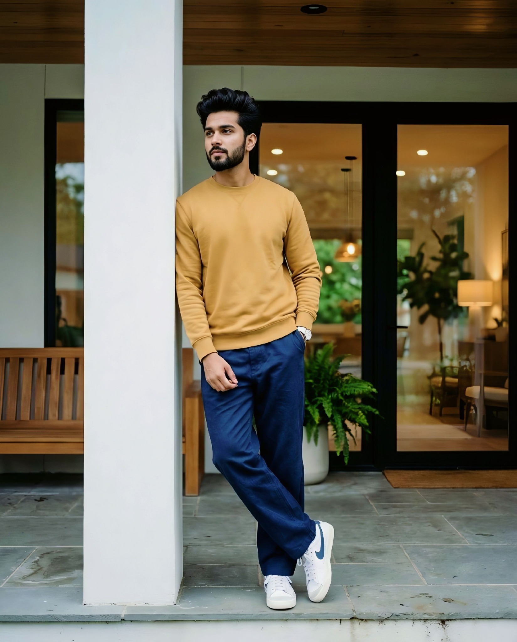 Ultra-realistic full-body portrait of a young South Asian man leaning casually against a white verti