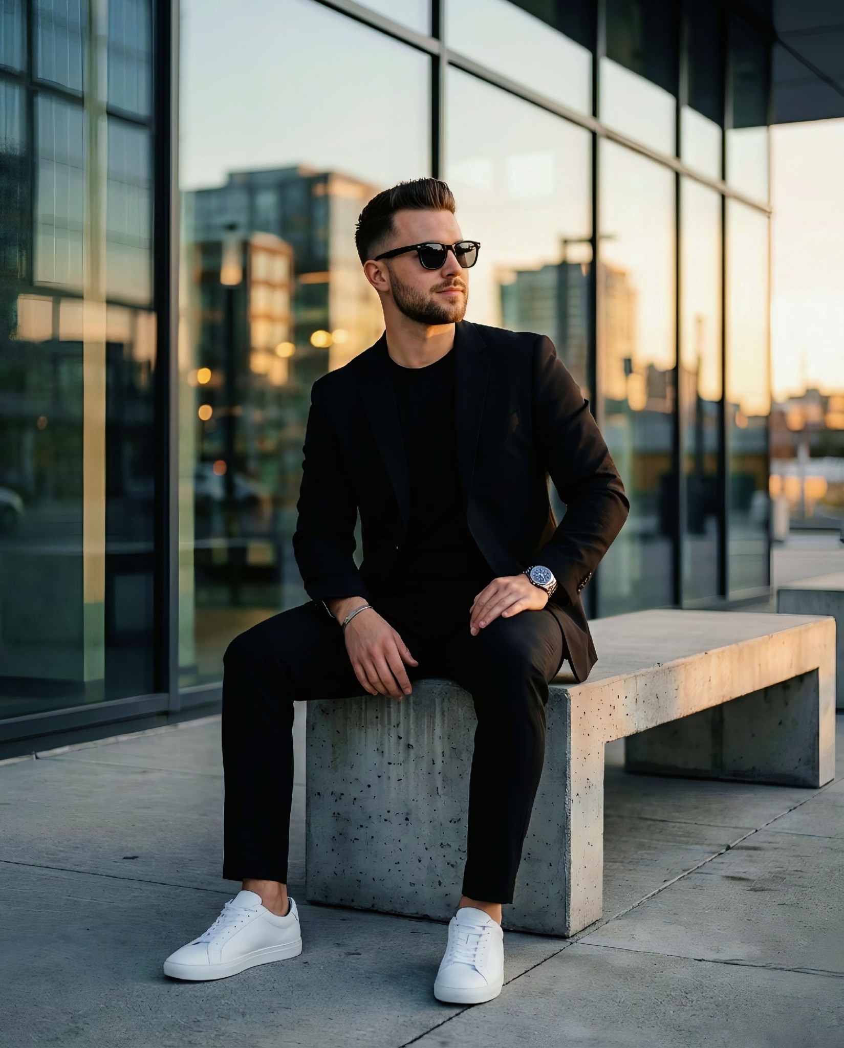 Ultra-realistic cinematic portrait of a stylish young man sitting on a modern concrete bench outside