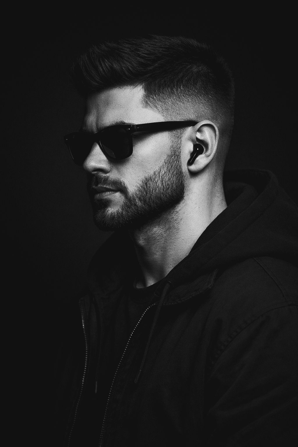 Ultra-realistic studio portrait of a confident young man in a dark environment, positioned in a side