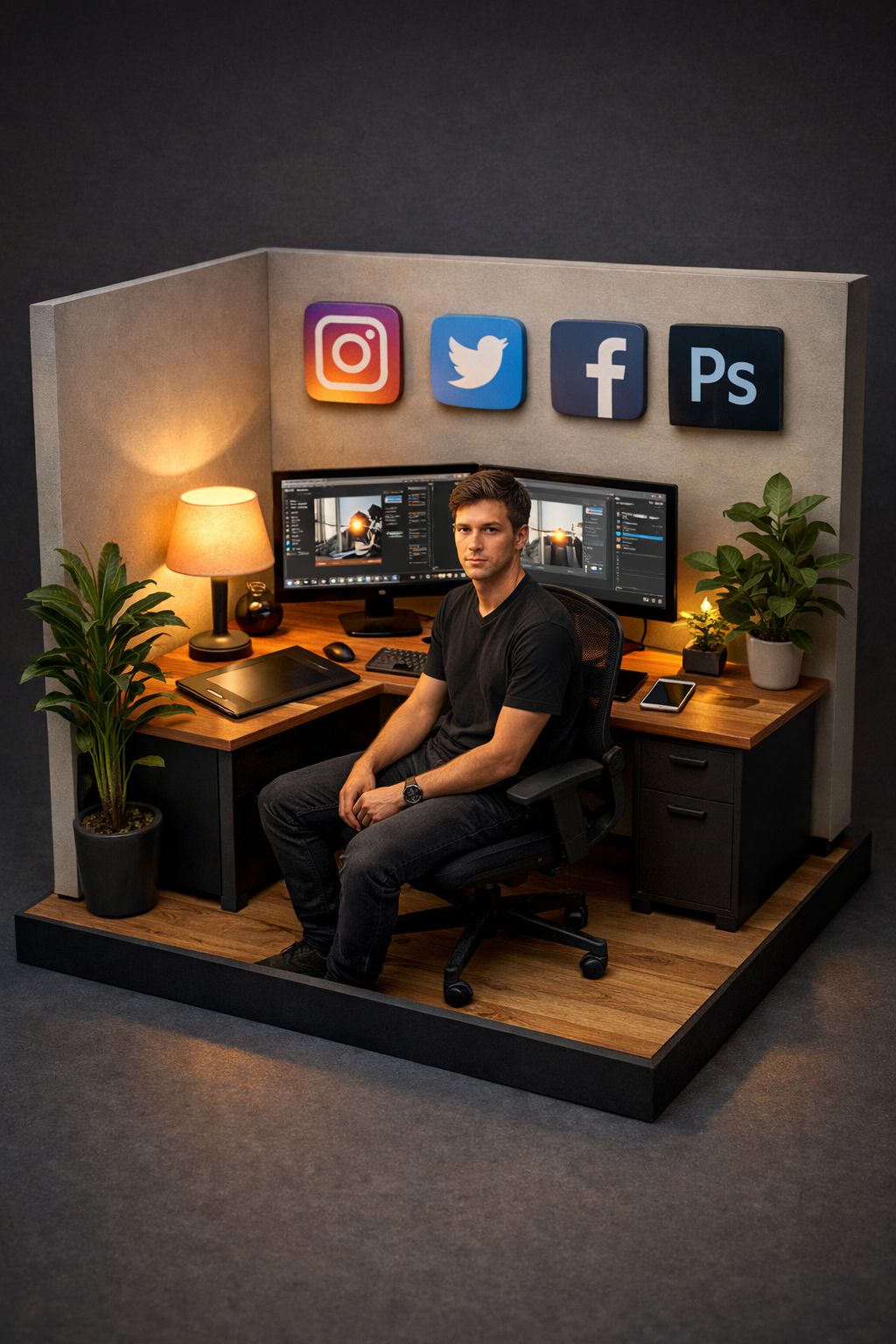 Ultra-realistic 3D diorama of a young man sitting on an office chair inside a small modern workspace
