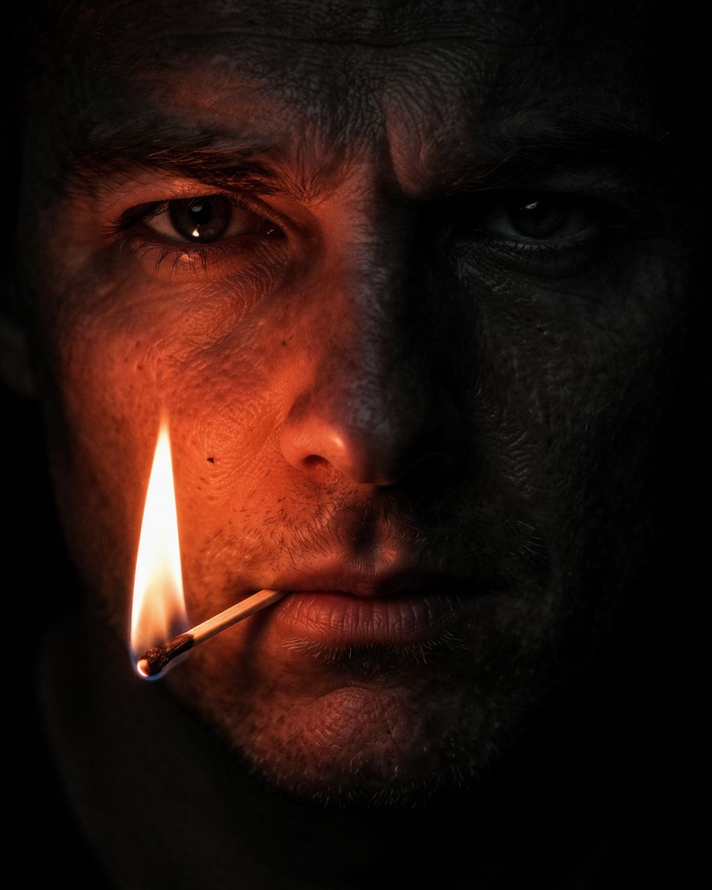 Extreme close-up portrait of a man with a serious, piercing gaze, facing directly forward. A burning