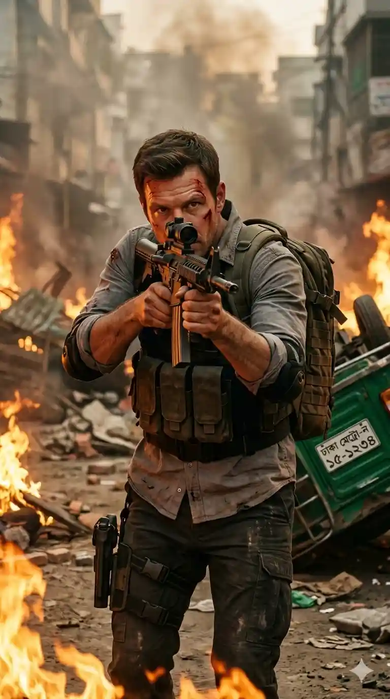 A hyper-realistic, 8k, cinematic medium shot captures an intense action scene with an uploaded face 
