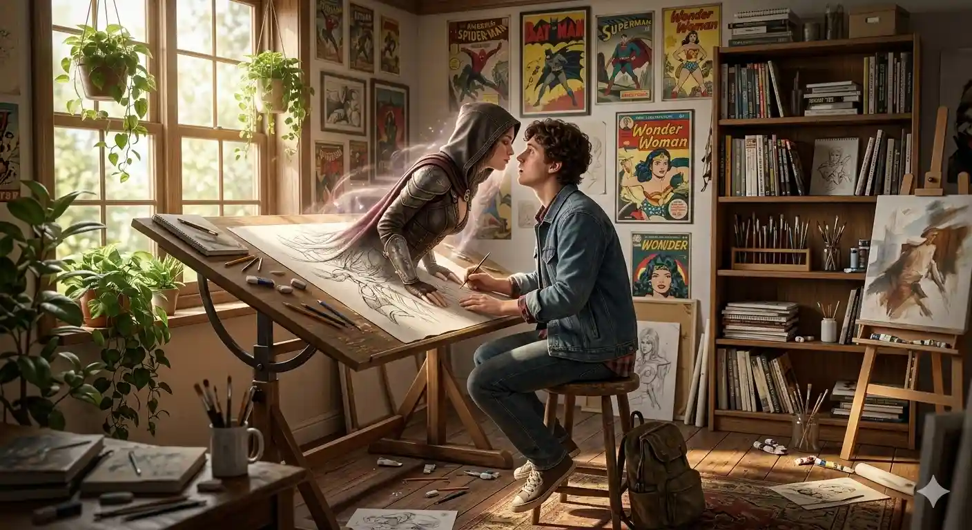 Ultra-detailed cinematic illustration of a young artist sitting on a wooden stool in a cozy sunlit a
