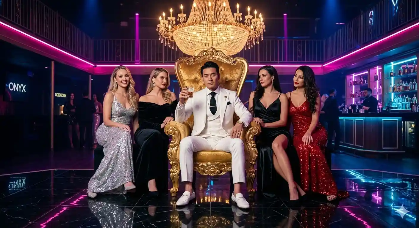 Ultra luxury nightclub scene, handsome asian mafia boss sitting on a golden royal throne chair, wear
