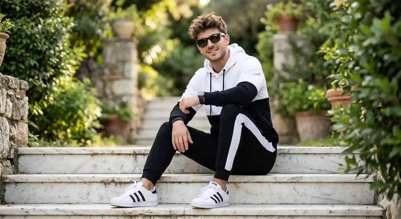 Ultra hyper-realistic A handsome young man sitting on white marble steps outdoors. He is wearing a s