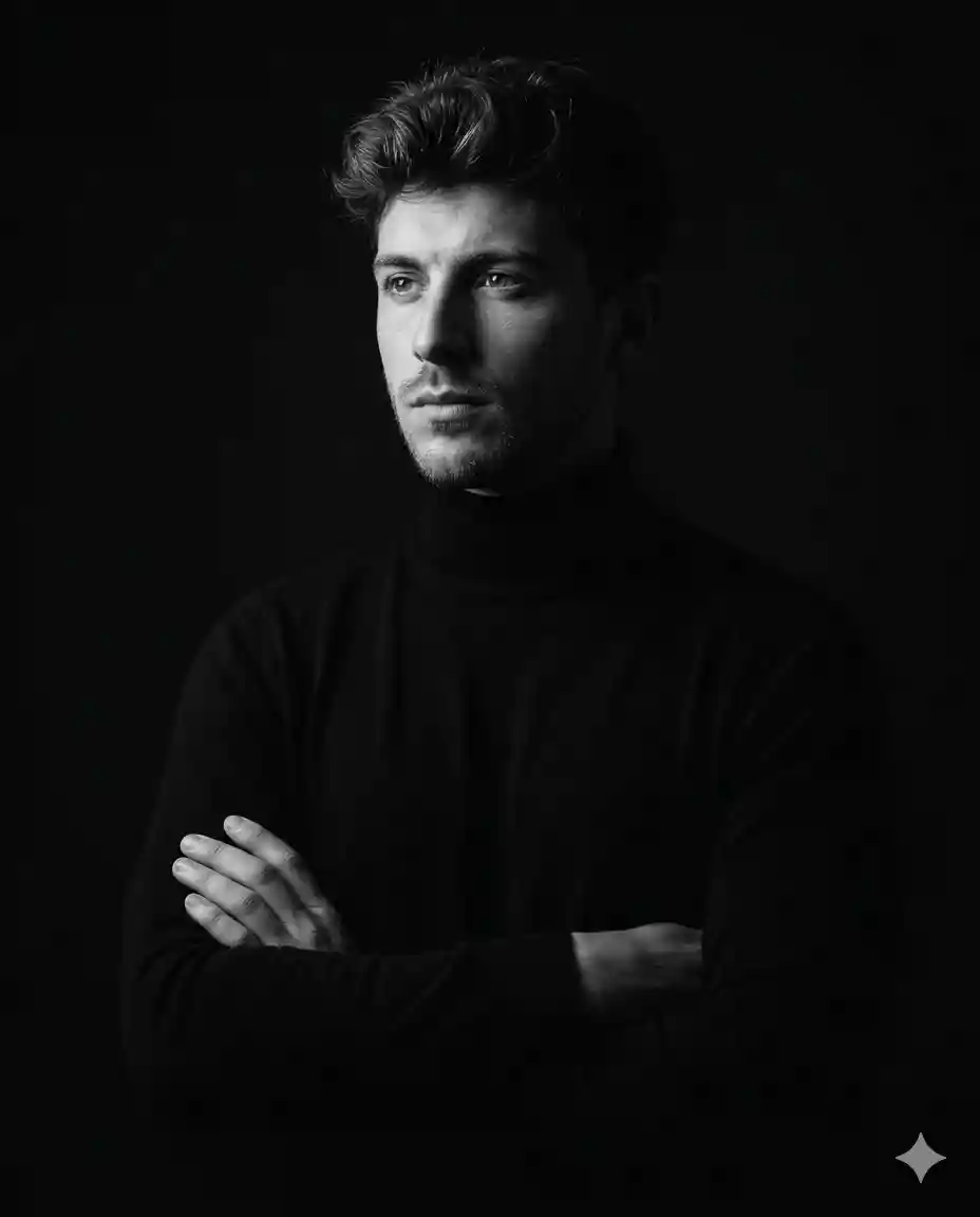 Ultra-realistic close-up portrait of a man facing slightly left, arms crossed firmly across chest, u