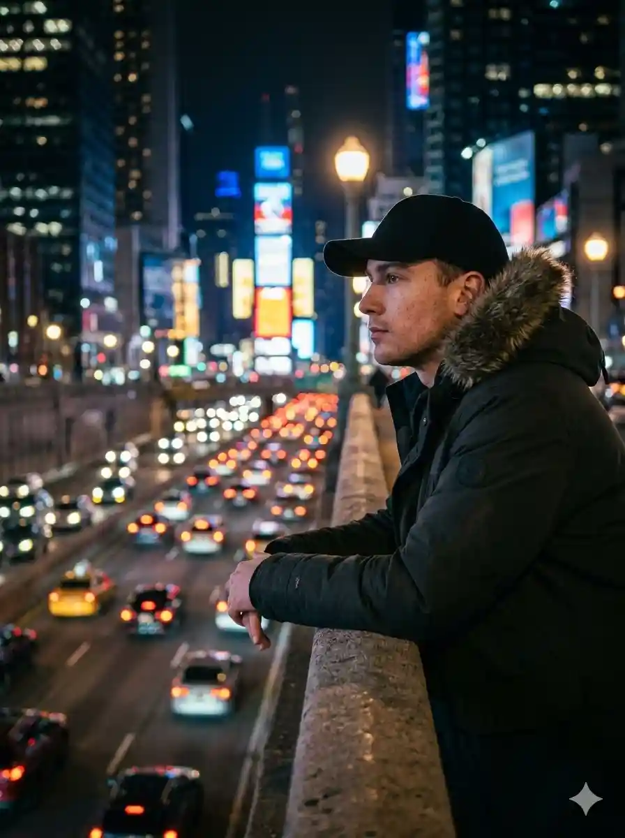 Ultra-realistic night city photo of a young man (facial detail 100% matches with the reference photo