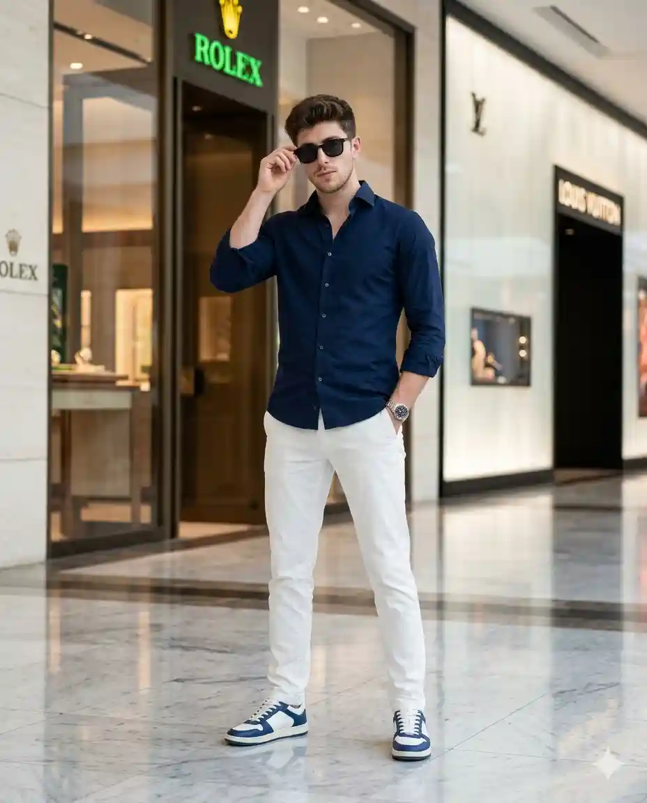 Ultra-realistic 8K full-body portrait of a young man standing confidently outside a luxury store ent