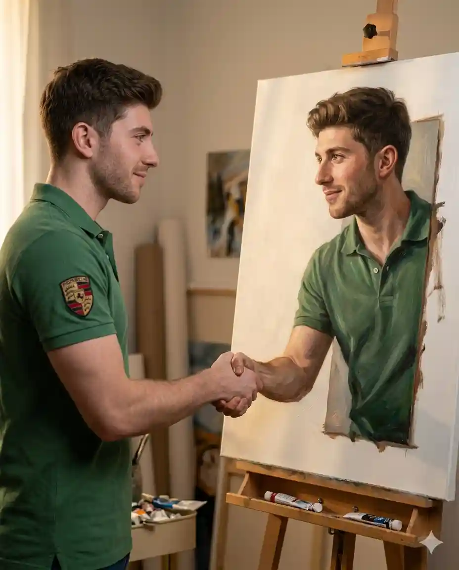 Ultra-realistic cinematic scene of the same man (strict facial consistency), standing beside a woode