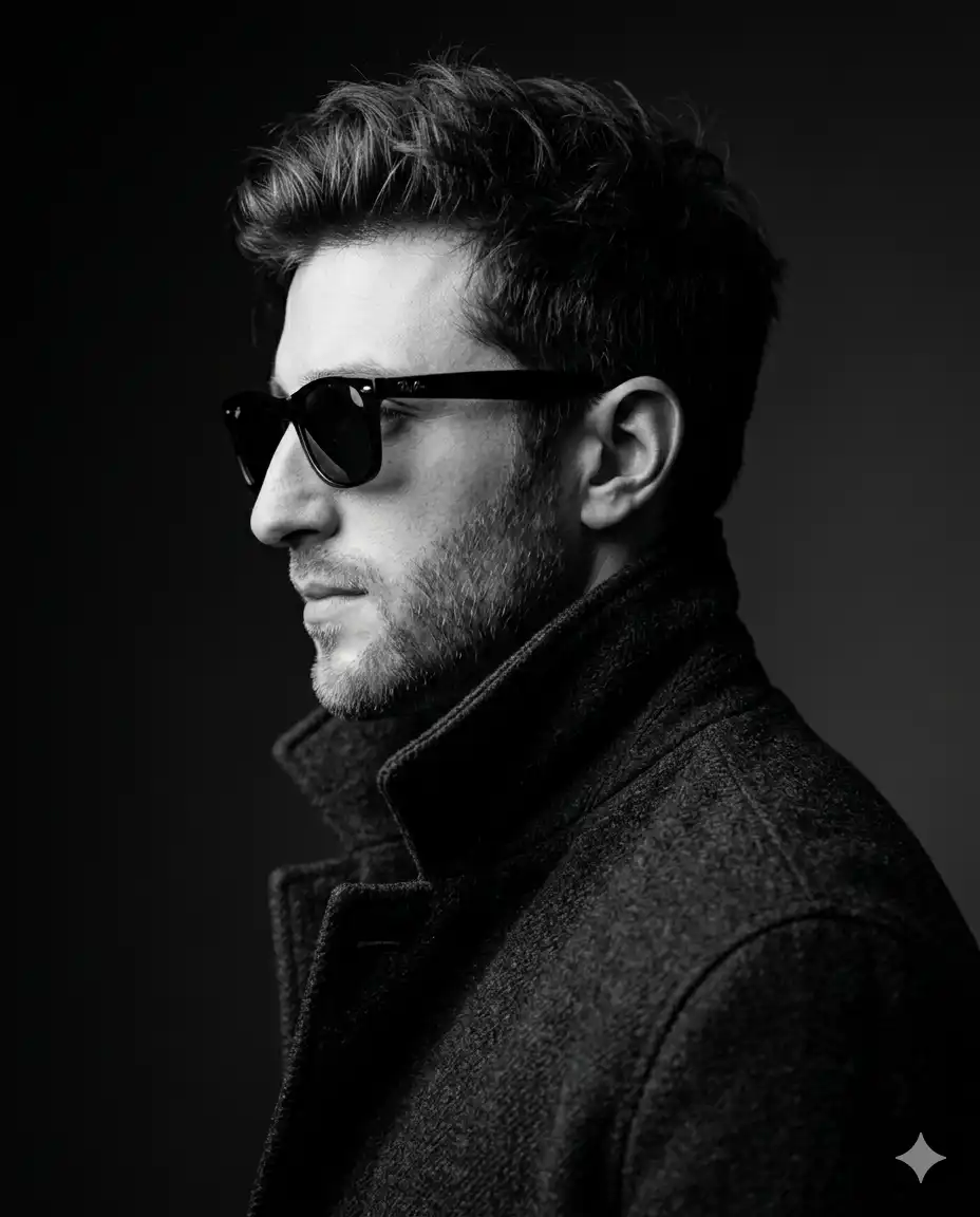 Ultra-realistic cinematic portrait of the same man (strict facial consistency), side-profile facing 
