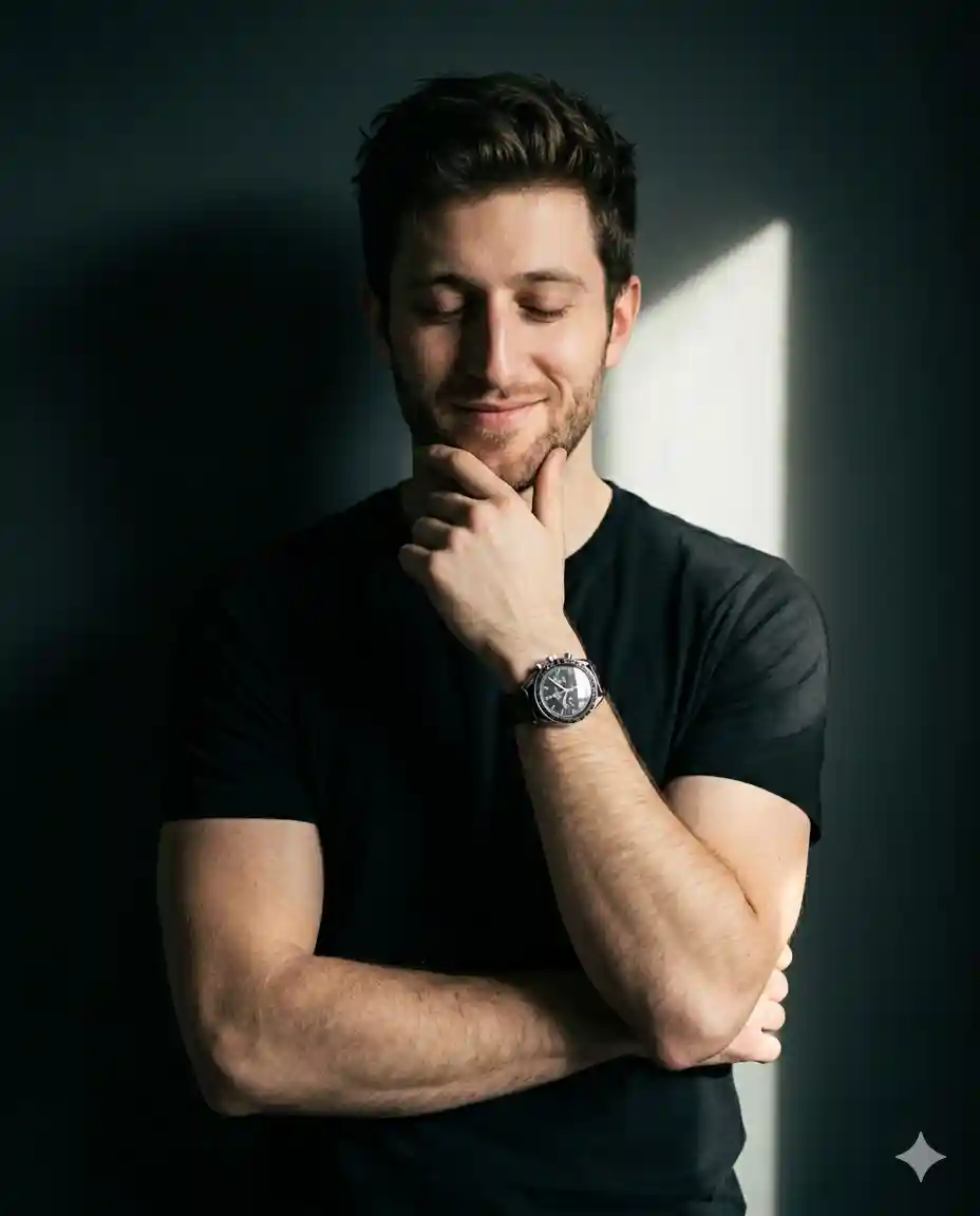 Ultra-realistic portrait of a young man standing against a plain wall, body slightly angled, one arm