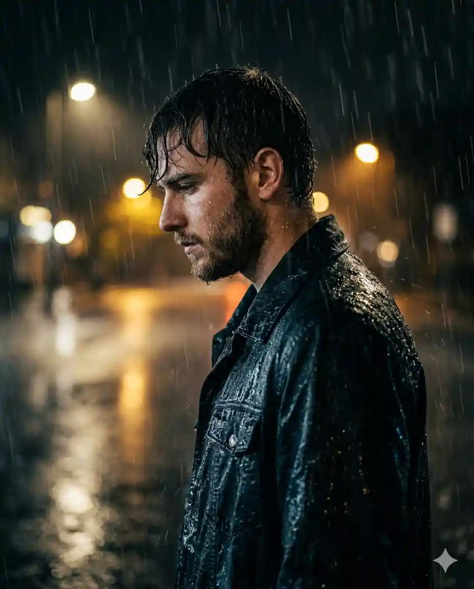 Ultra-realistic cinematic portrait of a young man standing in heavy rain at night, captured in side 
