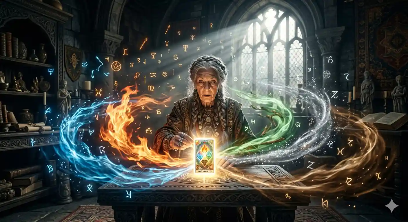 Ultra-realistic epic photography, tarot master revealing the final tarot card glowing with combined 