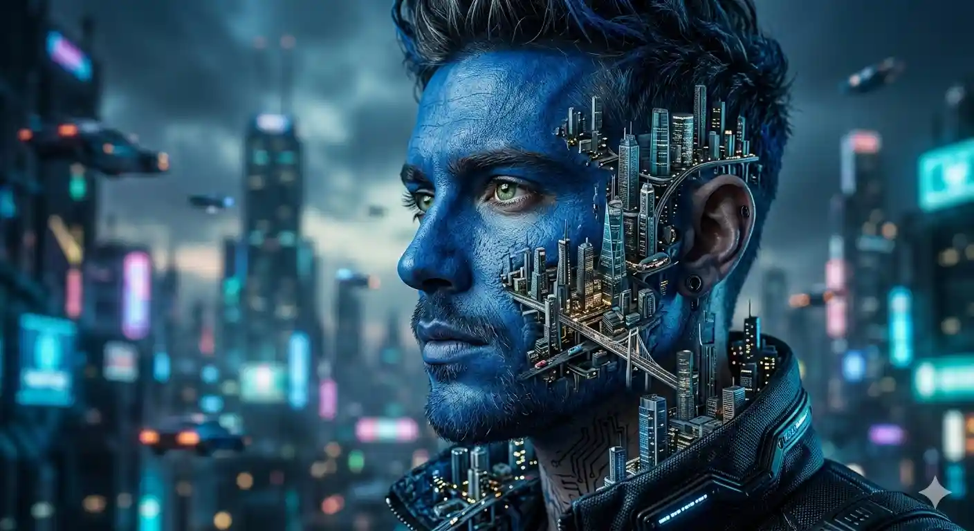 Ultra-detailed and surreal portrait of a handsome man in side profile, blue-painted face, futuristic