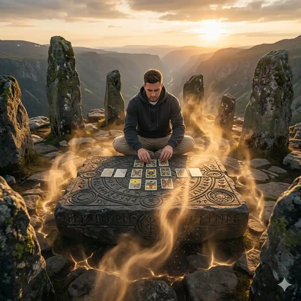Use the uploaded picture and create the ultra-realistic epic landscape photography, tarot master sit