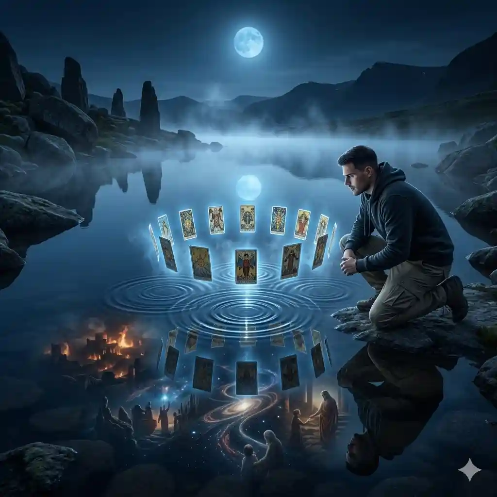 Ultra-realistic mystical photography, tarot master kneeling beside a mirror-like lake at night, taro