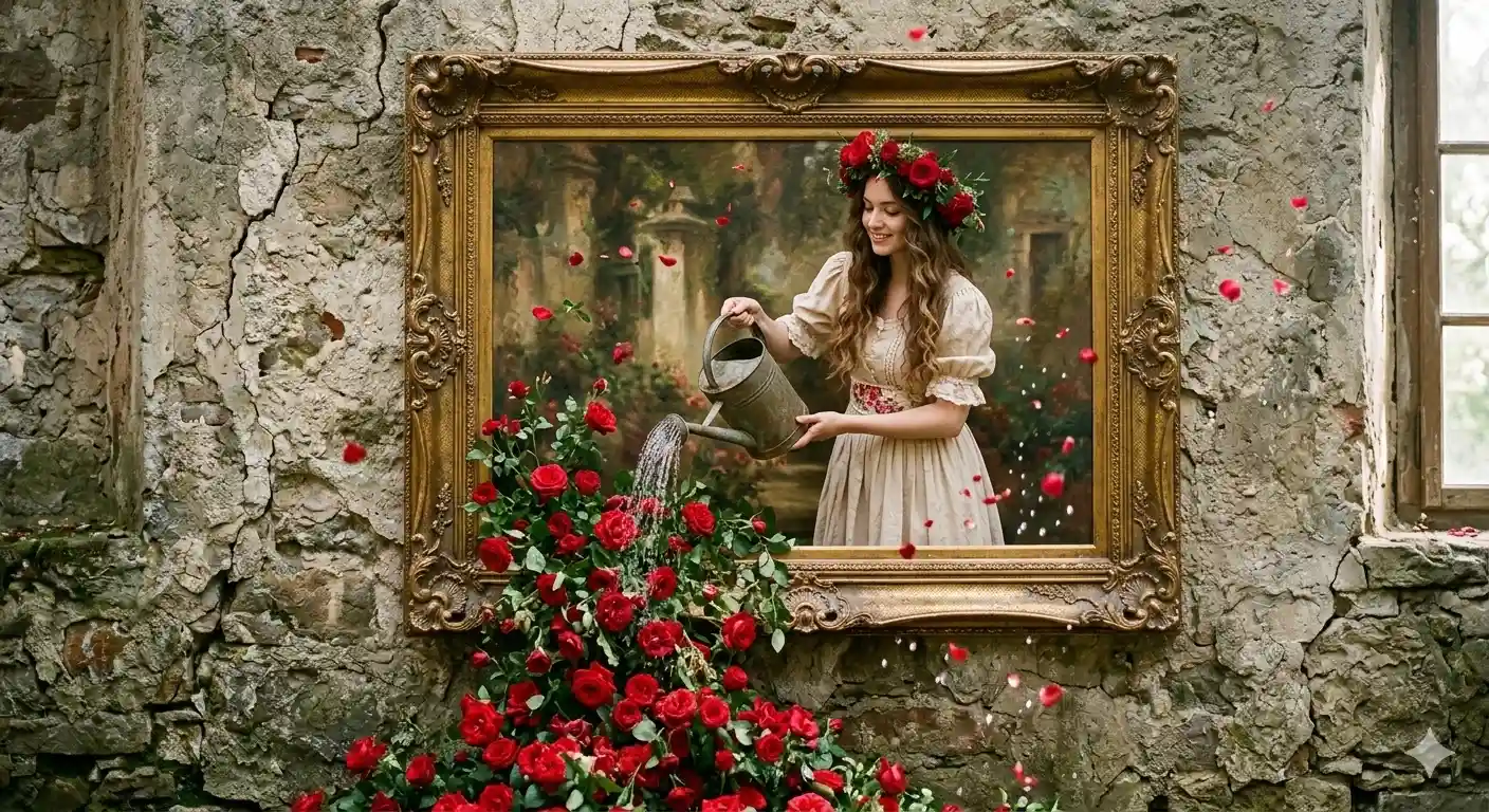 A surreal, artistic scene featuring a young woman with long, wavy brown hair, wearing a light beige,