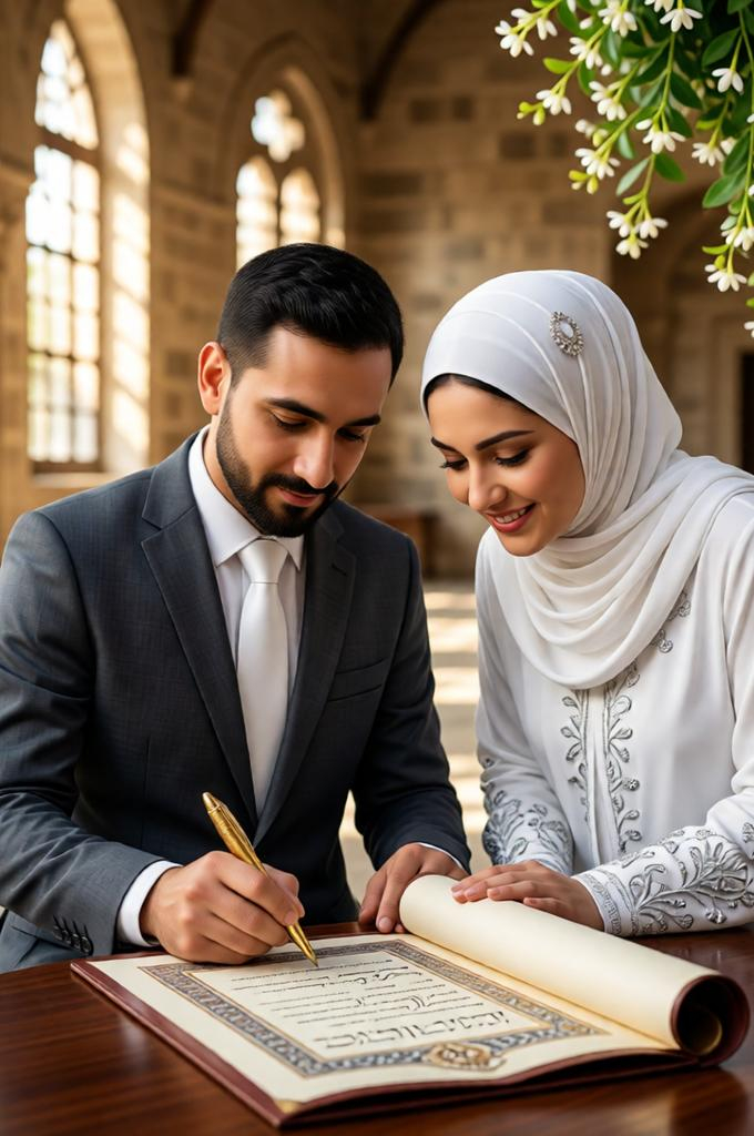 A hyper-realistic close-up, cinematic shot of a Jordanian couple during their “Katb el-Kitab” ceremo